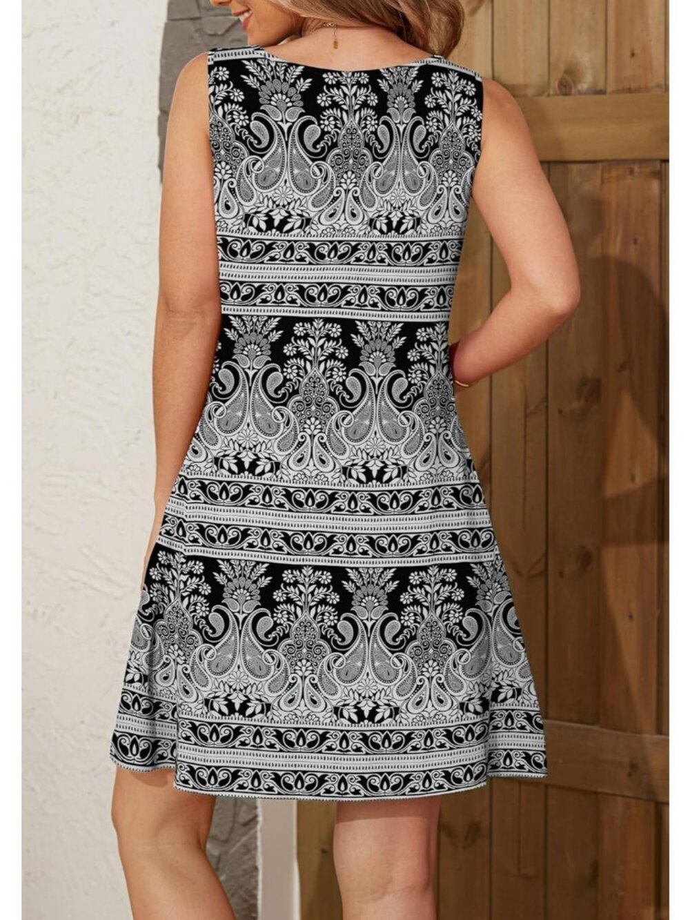Women's Black Print Casual Summer tank d Tank Round Neck Knee Length Mini Dress - Picture 4 of 6